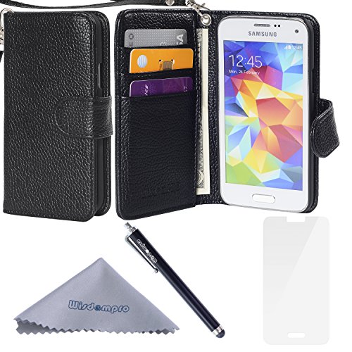 Wisdompro Wallet Case for Samsung Galaxy S5 Mini, PU Leather Flip Folio Protective Phone Case Cover with Magnetic Closure, Wrist Strap and Card Holder Slots for S5 Mini - Black