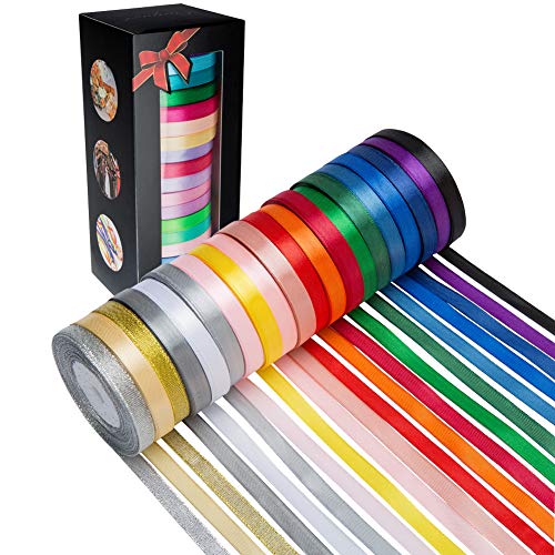 LIUYAXI 300 Yard Satin Ribbon -18 Silk Ribbon Rolls & 2 Glitter Metallic Ribbon Rolls, 2/5' Wide 15 Yard/Roll, Ribbons Perfect for Gift Wrapping, Wedding, Party Decoration and More