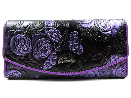 ArtsEye Roses Embossed Genuine Leather Trifold Wallet Purse (Purple)