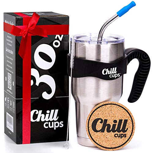 Chill Cups 30oz Insulated Stainless Steel Tumbler with Straw | Double Wall Vacuum Cup, BPA-Free Clear Lid, Metal Straw, Cleaning Brush, Cork Coaster - Reusable Travel Mug for Coffee, Water, Smoothie