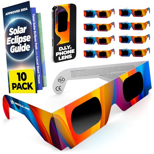 Medical king Solar Eclipse Glasses AAS Approved 2024 (10 Pack) CE and ISO Certified Safe Shades for Direct Sun Viewing Includes Bonus Guide With Map