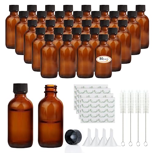 Maredash 2 oz Amber Glass Bottles, Small Boston Round Glass Bottles (80 Pack) with Leak-proof Caps, Refillable Container for Homemade Extract, Essential Oils, Herbal Medicine and More
