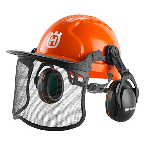Husqvarna 592752602 Chainsaw Helmet with Metal Mesh Face Shield, Adjustable Ear Muffs for Hearing Protection, and Sun Peak, HDPE Forestry Helmet Shell, Orange
