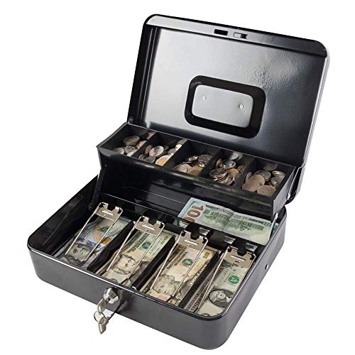 KYODOLED Locking Cash Box with Lock,Money Box with Cash Tray,Lock Safe Box with Key,Money Saving Organizer,11.81Lx 9.45Wx 3.54H Inches,Black XL Large