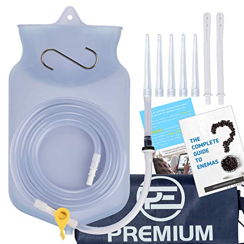 PE Premium Enema Clear Silicone Enema Bag Kit - 2 Quart, Reusable for Coffee & Water Colon Cleanse - 6.75 Foot Long Hose, 7 Tips Included. Enemas for Colon Cleanse Men and Women. Detox Cleanse.