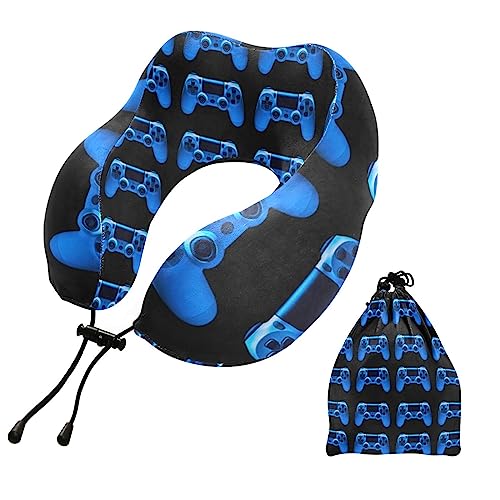 Oyihfvs Video Game Joystick Gamepad in Blue Neon Lights Isolated on Black U Shaped Memory Foam Travel Pillow with Snap Clip, Soft Comfortable and Washable Neck Support for Sleeping Rest Office Travel