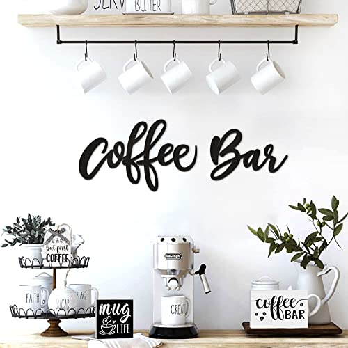 Coffee Bar Wall Decor + Coffee Tiered Tray Decor Signs, Self Standing Thick Laser Cutting Coffee Wooden Signs for Farmhouse Home Kitchen, Cofee Nook, Coffee Station, Coffee Bar (No Tray)