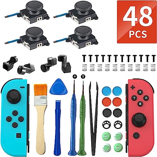 Joycon Joystick Replacement Kit( 48 in one), Switch Joystick Replacement for Switch/ Switch Lite/ Switch OLED, Include 4 Thumbsticks, 4 Metal Buckles, 2 Screwdrivers, Pry Tool, 12 Thumbstick Grips