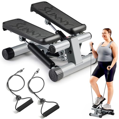 Sunny Health & Fitness Mini Steppers for Exercise at Home, Stair Step Workout Machine with Resistance Bands, Full Body Cardio Equipment with Digital Monitor - No. 012 -S