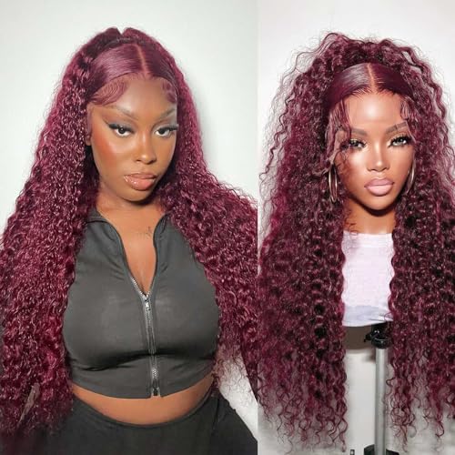 VELOMA 99J Burgundy Deep Wave Lace Front Wigs Human Hair 13x4 HD Lace Frontal Wigs Human Hair Lace Front Wigs Pre Plucked 99j Burgundy Deep Curly Wigs Human Hair Wigs For Women 180% Density 24 Inch