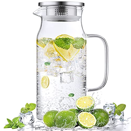 1.2 Liter 40 oz Glass Pitcher with Lid and Spout, Bivvclaz Glass Water Pitcher for Fridge, Glass Carafe for Hot/Cold Water, Iced Tea Pitcher, Small Pitcher for Coffee, Juice and Homemade Beverage
