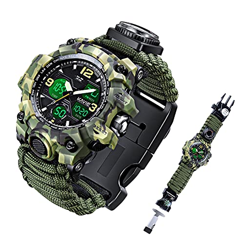 Kavie Mens Tactical Military Digital Watch, 23-in-1 Survival Multi-Functional Army Outdoors Waterproof Camouflage Sports Watches LED Electronic Wristwatches with Compass Paracord Band