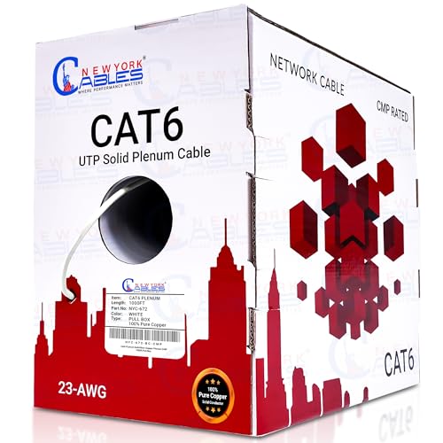 Cat6 Plenum Cable 1000ft (CMP) - 100% Pure Copper Cat6 Cable 1000ft - 4 Pair UTP, 23 AWG, 550MHz 10GB Internet Cable - Fluke Tested Cat 6 Bulk Ethernet Cable - Available in Multi Colors (White)