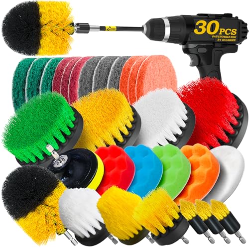 Holikme 30Pack Drill Brush Attachments Set,Scrub Pads & Sponge, Power Scrubber Brush with Extend Long Attachment All Purpose Clean for Grout, Tiles, Sinks, Car Polishing Pads