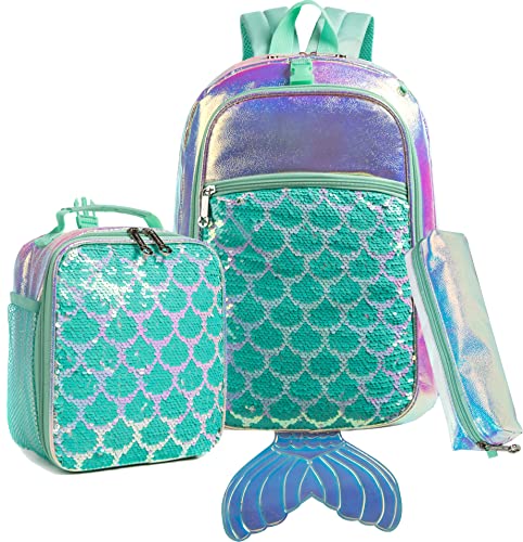 Meetbelify Backpack for Girls Mermaid Magic Sequin School Bag with Lunch Box Girls Backpack Set for Elementary Preschool Bookbag
