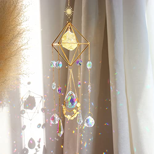 Citrine Crystal Suncatchers Colorful Prisms Windows Decor Garden Wind Chimes with Chain Pendant for Wedding Party Indoor Outdoor Decorations