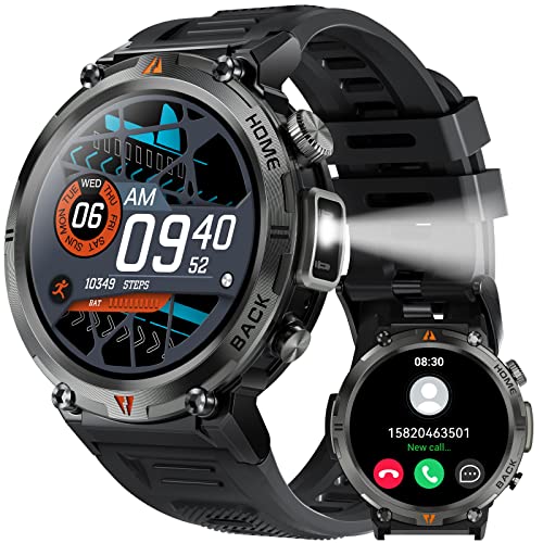 Military Smart Watch for Men with LED Flashlight 1.45” Rugged 3ATM Waterproof Smart Watch with 100+ Sports Modes Fitness Tracker with Heart Rate Sleep Monitor Tactical Smartwatch for iPhone Android