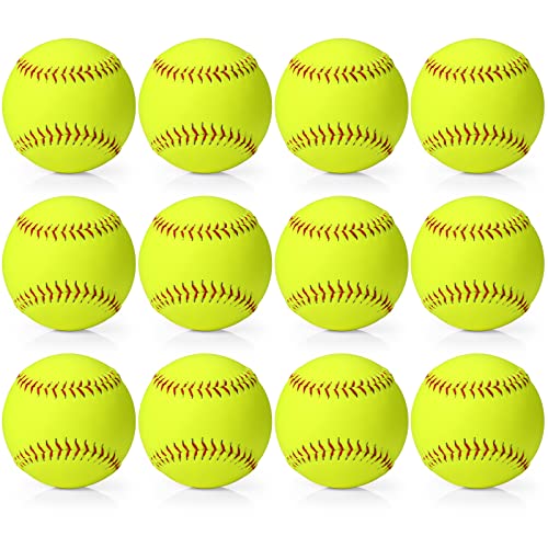 12 Pack Sports Practice Softballs, Official Size and Weight Slowpitch Softball, Unmarked Leather Covered Youth Fastpitch Softball Ball Training Ball for Games, Practice and Training (Yellow,11 Inch)