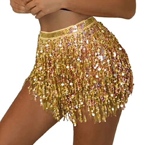 Women's Sequin Tassel Skirts Rave Fringe Hip Scarf for Festival(Gold)