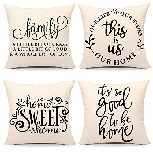 4TH Emotion Farmhouse Decoration Pillow Covers 18x18 Set of 4 Family Saying This is us Our Home Cushion Case for Sofa Couch Linen Porch Decor