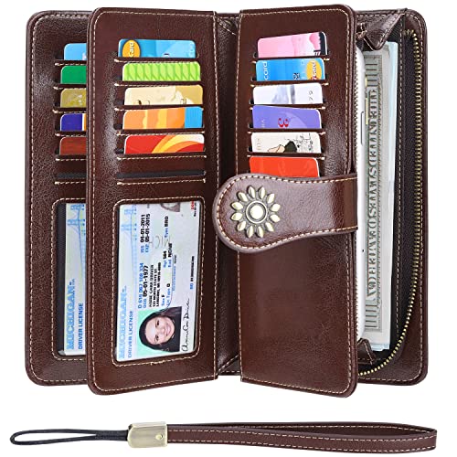 Lavemi Womens Large Capacity Genuine Leather RFID Blocking Wallets Wristlet Clutch Card Holder(1- Coffee)