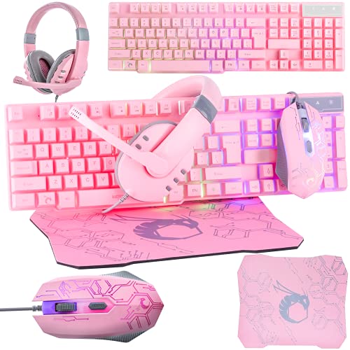 Pink Gaming keyboard and mouse headset headphones and mouse pad, wired LED RGB Backlight Bundle Pink PC accessories for gamers and Xbox and PS4 PS5 Nintendo switch Users - 4in1 edition Hornet RX-250