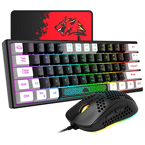 60% Gaming Keyboard and Mouse Combo Portable Mini RGB Backlight Black White Duble Color Keycaps Mechanical Feeling and RGB 6400 DPI Honeycomb Optical Mouse,Gaming Mouse pad for Gamers and Typists