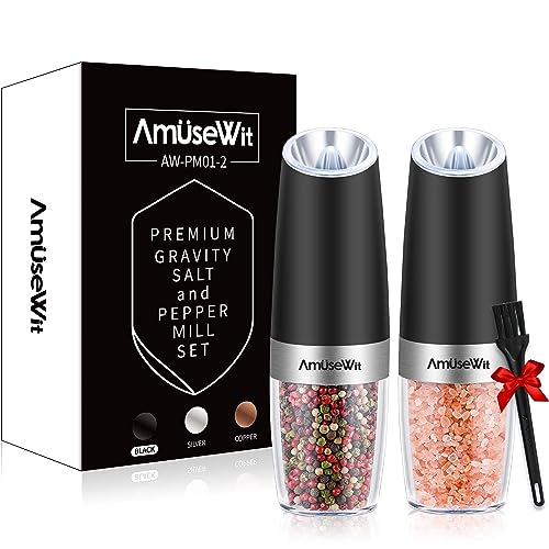 AmuseWit Gravity Electric Pepper and Salt Grinder Set of 2 [White Light] Battery Operated Automatic Pepper and Salt Mills with Light,Adjustable Coarseness,One Handed Operation,Black