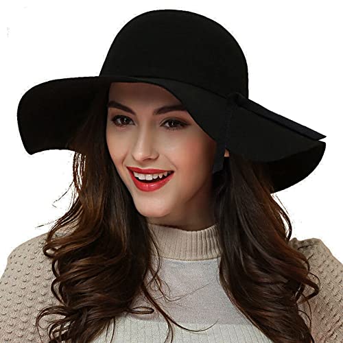 ASSQI Women's 100% Wool Foldable Wide Brim Retro Fedora Floppy Felt Bowler Hat (Black)