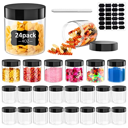 AMBESTAR 4oz Plastic Jars with Lids, 24 Pack Round Empty Clear Small Jars with Lids 4 oz, Labels, Marker Pen, Cosmetic Container Pot for Lotion, Liquid Cream, Rhinestones, Glitter, Samples, Paint