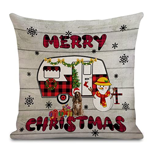 Christmas Caravan Throw Pillow Covers 18x18 Inch, Decorative Cushion Pillow for Couch Sofa Chair, Pillowcase Home Sofa Cushion Cover, Red Plaid Car Xmas Tree Pet Snowman