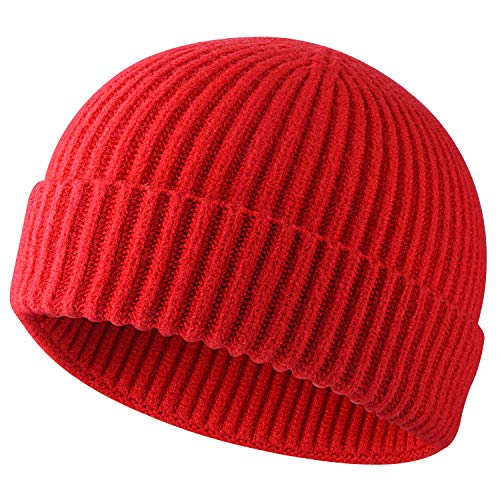 Swag Wool Knit Cuff Short Fisherman Beanie for Men Women, Winter Warm Hats, Red