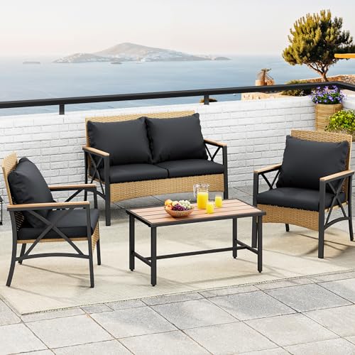 YITAHOME 4-Piece Patio Wicker Furniture Set with Wood Armrest, All Weather Rattan Conversation Furniture Sets for Backyard, Balcony, Deck w/Soft Cushions and Plastic Wood Table (Light Brown+Black)