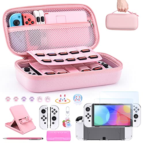 Switch OLED Accessories Bundle- innoAura 18 in 1 Switch Bundle with Switch Case, Switch Game Case, Switch OLED Screen Protector, Switch Stand, Switch Thumb Grips (Pink)