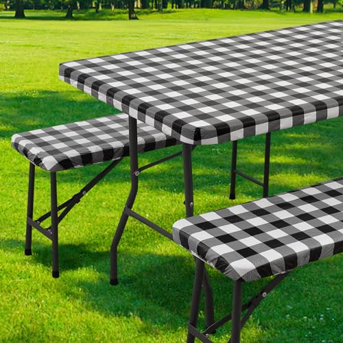 smiry Picnic Table Cover with Bench Covers, 3-Piece Set, Elastic Waterproof Plastic Table Cloth for 6FT Rectangle Table, Flannel Backed Vinyl Tablecloth for Outdoor Camping Essentials, Black and White