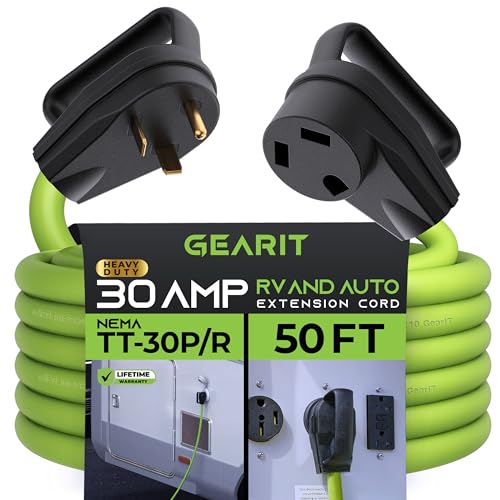 GearIT 30-Amp Extension Cord for RV and Auto, (50-Feet) 3-Prong 125-Volt 10/3 STW 10AWG Gauge 3 Wire, NEMA TT-30P to TT-30R, Outdoor Camper Power Cord