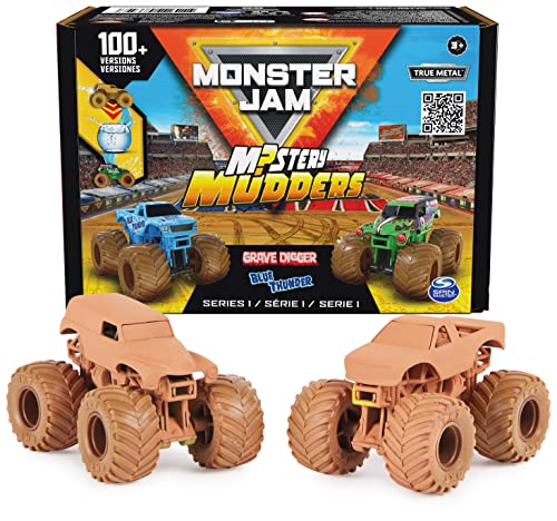 Monster Jam, Mystery Mudders 2-Pack Monster Trucks, Official 1:64 Grave Digger and Blue Thunder Die-Cast Vehicles, Wash to Reveal (Styles Will Vary)