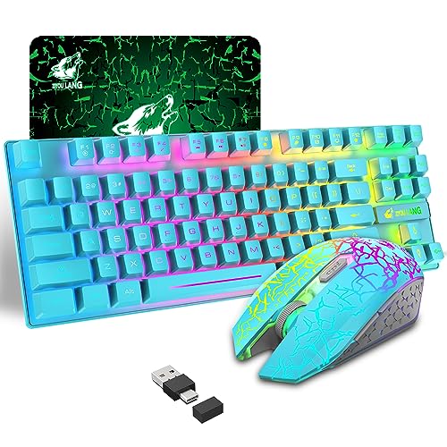 Wireless Gaming Keyboard and Mouse Combo with 87 Key Rainbow LED Backlight Rechargeable 3800mAh Battery Mechanical Feel Anti-ghosting Ergonomic Waterproof RGB Mute Mice for Computer PC Gamer (Blue)