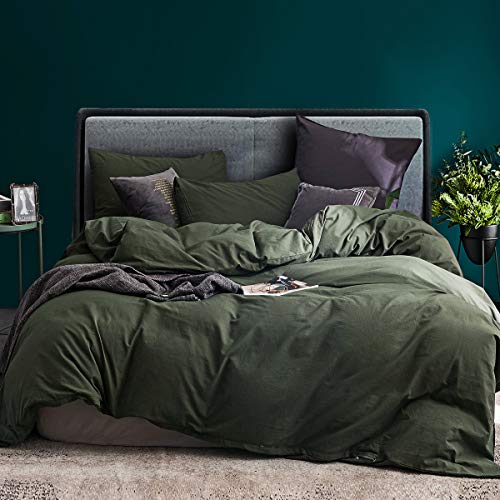ECOCOTT 3 Pieces Duvet Cover Queen 100% Washed Cotton 1 Duvet Cover with Zipper and 2 Pillowcases, Ultra Soft and Easy Care Breathable Cozy Simple Style Bedding Set (Avocado Green)