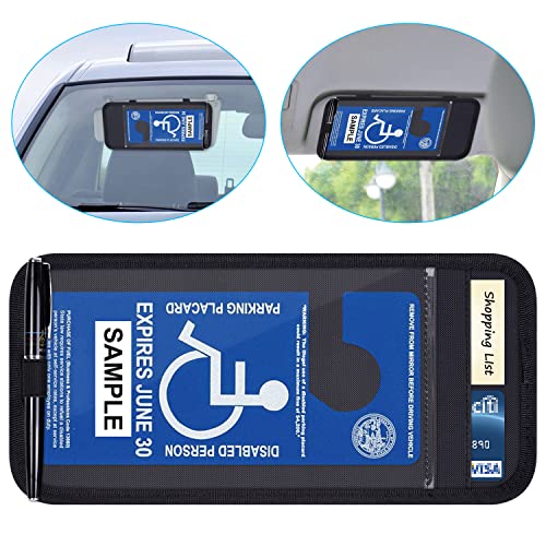 Handicap Placard Holder for Auto, Wisdompro Disabled Parking Permit Sign Protector for Car Sun Visor with Note Paper Slot, Pen Holder and Elastic Strap - Black