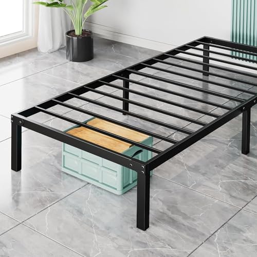Sweetcrispy Twin Bed Frame - No Box Spring Needed Heavy Duty Metal Platform Bedroom Frames Twin Size with Storage Space, 14 Inches High, Sturdy Steel Slat Support, Black