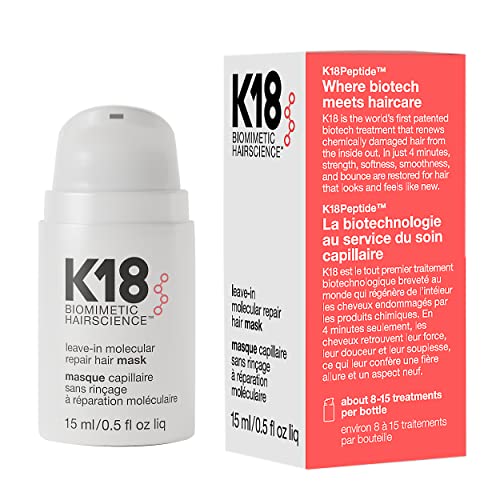 K18 Mini Leave-In Molecular Hair Mask, Repairs Dry or Damaged Hair, Reverse Hair Damage from Bleach, Color, Chemical Services & Heat, 0.51 Fl Oz