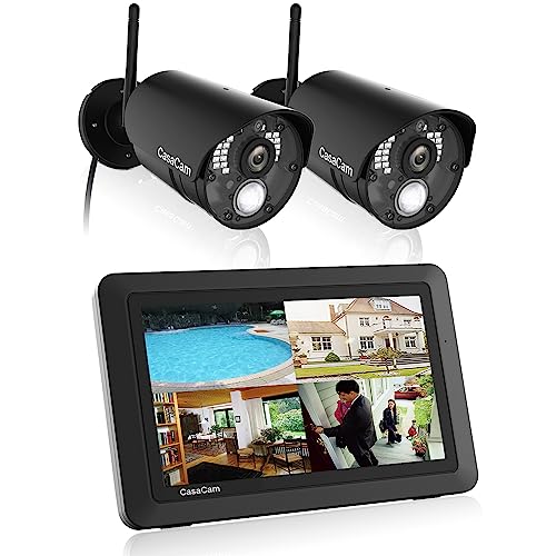 CasaCam VS802 Wireless Security Camera System with 7' Touchscreen Monitor and 2 pcs HD Cameras (Camera Requires AC Power), Two-Way Audio, Free APP, SD Card and Battery Installed