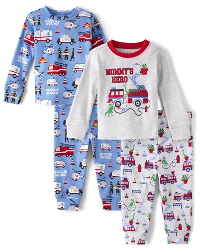 The Children's Place Baby Boy's and Toddler Long Sleeve Top and Pants Snug Fit 100% Cotton 4 Piece Pajama Set, Rescue Squad/Moms Hero