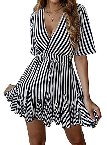 PRETTYGARDEN Women's Casual Summer Striped Dress Short Sleeve Wrap V Neck Ruffle Hem Mini Skater Dresses (Black,X-Large)