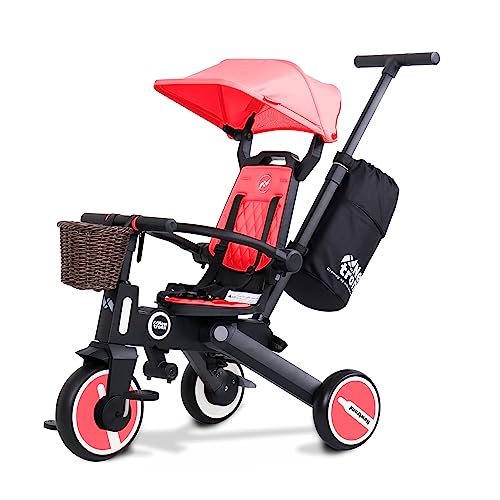 Newtronx Trixplorer 7 in 1 Foldable Toddler Tricycle Removable Push Handle, Rotatable Seat, Adjustable Canopy, Safety Harness, Storage, Basket -Tricycle for Toddlers for 1-5 Year Old (Georgia/Peach)