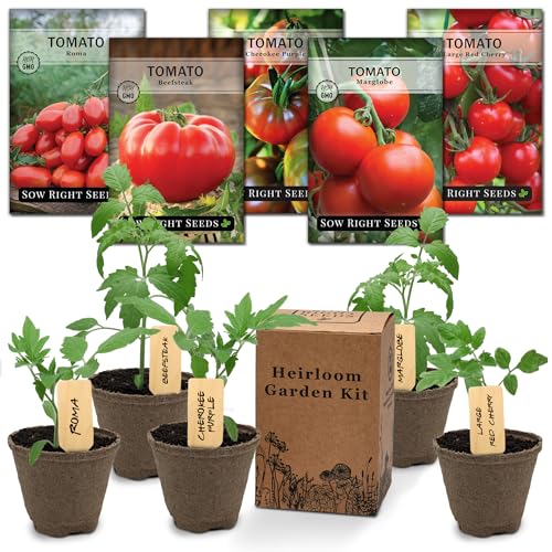 Sow Right Seeds - Heirloom Tomato Seed Grow Kit - Tomato Growing Kit with 5 Seed Packets, Instructions, Pots, Potting Soil, Markers - Start 5 Tomato Varieties Indoors - Non GMO - Great Gardening Gift