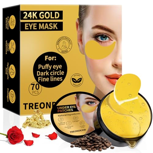 24K Gold Eye Masks for Dark Circles and Puffiness 70PCS, Under Eye Patches Gel Pads for Puffy Eyes Treatment w/Collagen, Caffeine, Peptides for Eye Bags Treatment, Gel Eye Mask Skincare