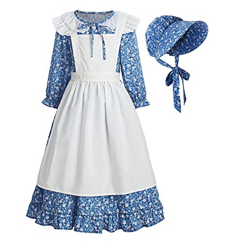 ReliBeauty Pioneer Girl Dress Colonial Prairie Costume Blue, 8(140)