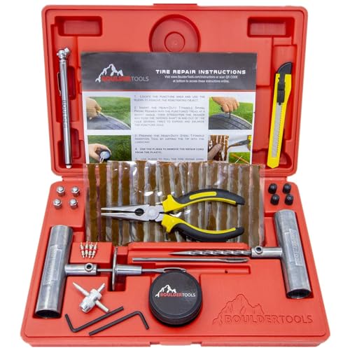 Boulder Tools Heavy Duty Tire Repair Kit - Flat Tire Puncture Repair Kit - Professional Tools for Quick and Easy Repair - Suitable Tire Plug Kit for Car, Truck, RV, Motorcycle, Tractor, and Trailer